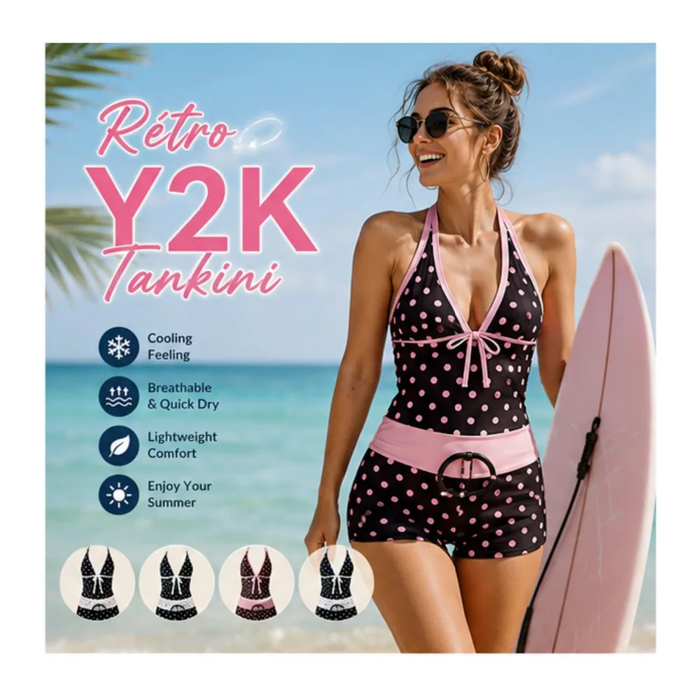 Piece Tankini Swimsuit Flat Tummy with Shorty Retro Y2K Printed Halter Neck Top — 1-rose