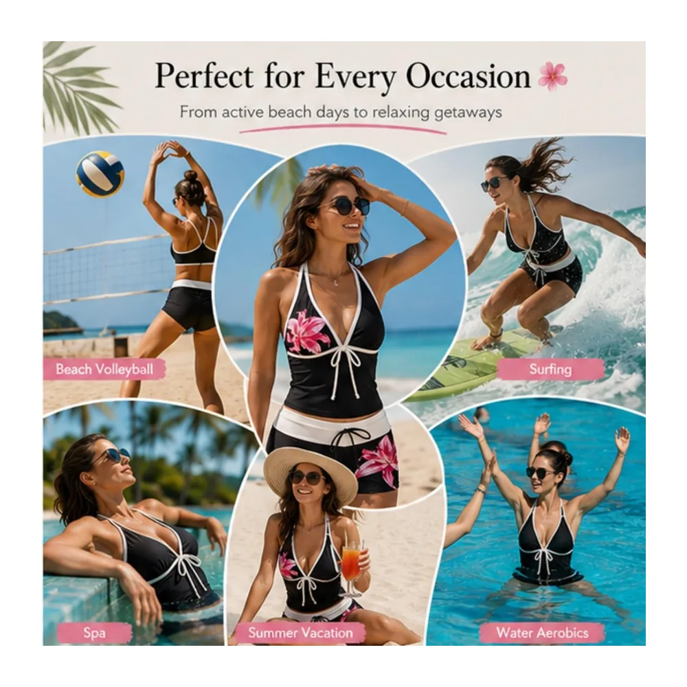 Piece Tankini Swimsuit Flat Tummy with Shorty Retro Y2K Printed Halter Neck Top — 1-rose
