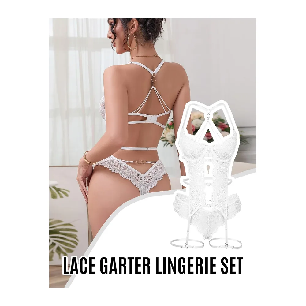 Comeondear Lingerie Ouverte Sexy Dentelle Body Dessous avec Armaturé — Blanc