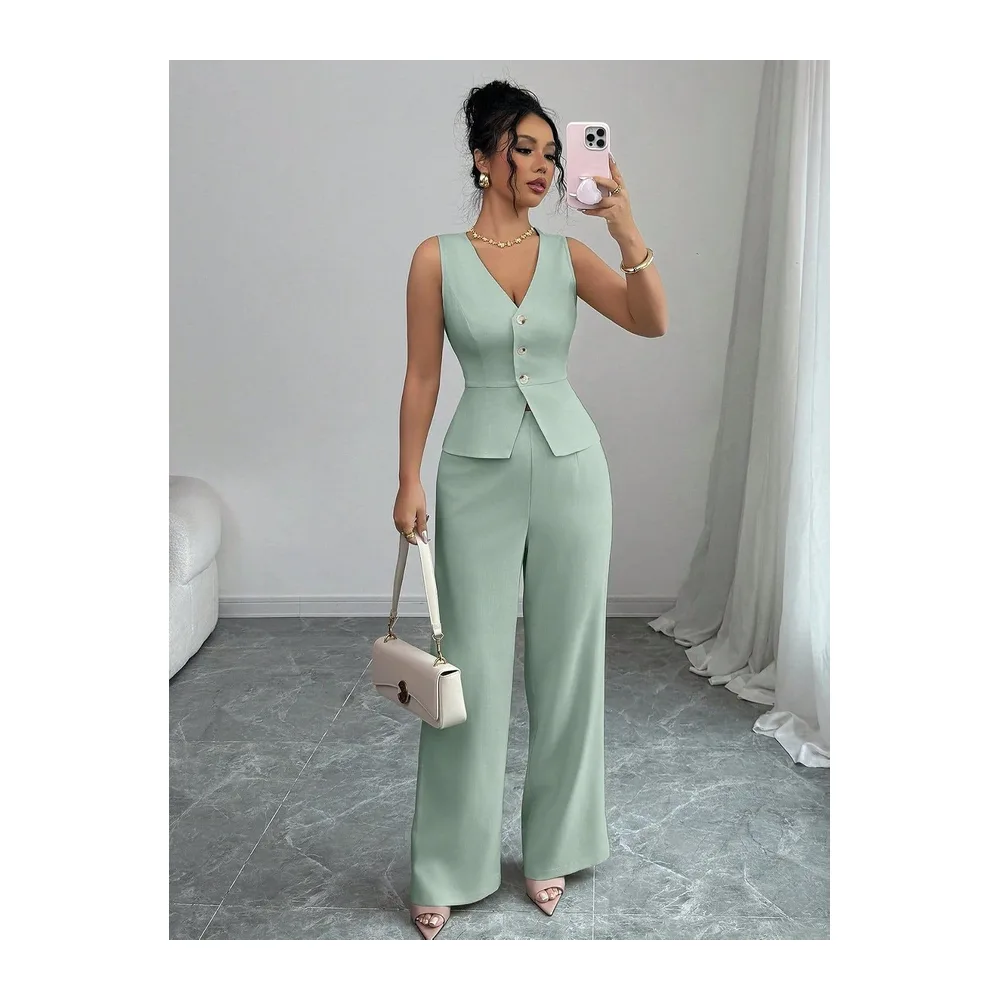 Ensemble Ete Ensemble Deux Pièces: Blazer À Col V Boutonné Sans Manches Et — Vert sauge