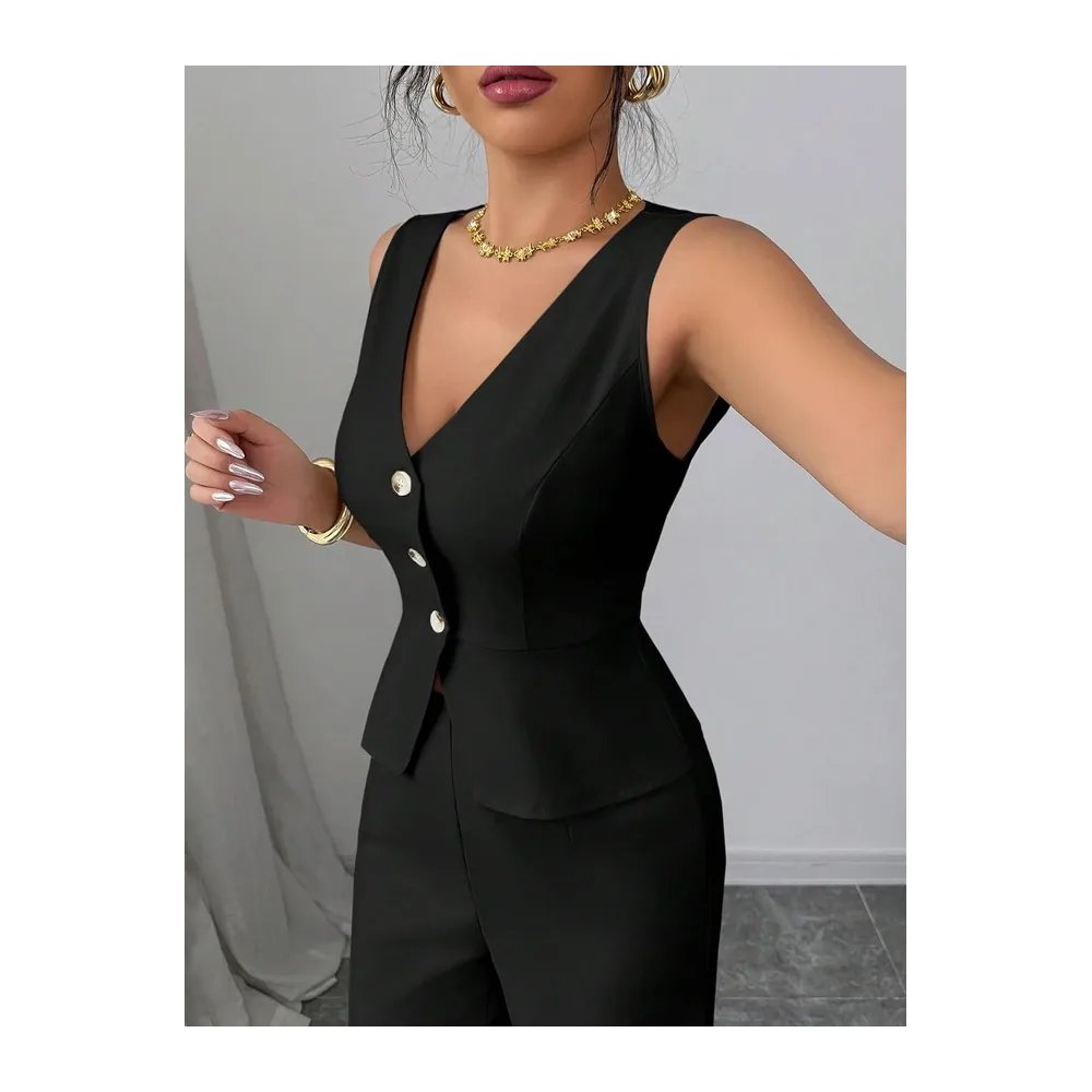 Ensemble Ete Ensemble Deux Pièces: Blazer À Col V Boutonné Sans Manches Et — Noir