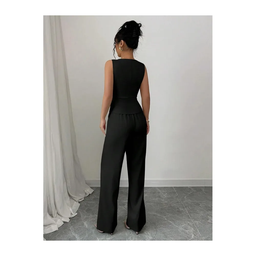 Ensemble Ete Ensemble Deux Pièces: Blazer À Col V Boutonné Sans Manches Et — Noir