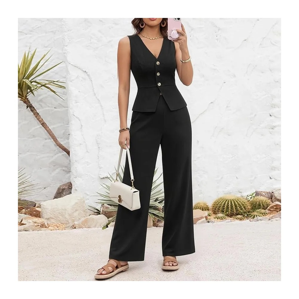 Ensemble Ete Ensemble Deux Pièces: Blazer À Col V Boutonné Sans Manches Et — Noir