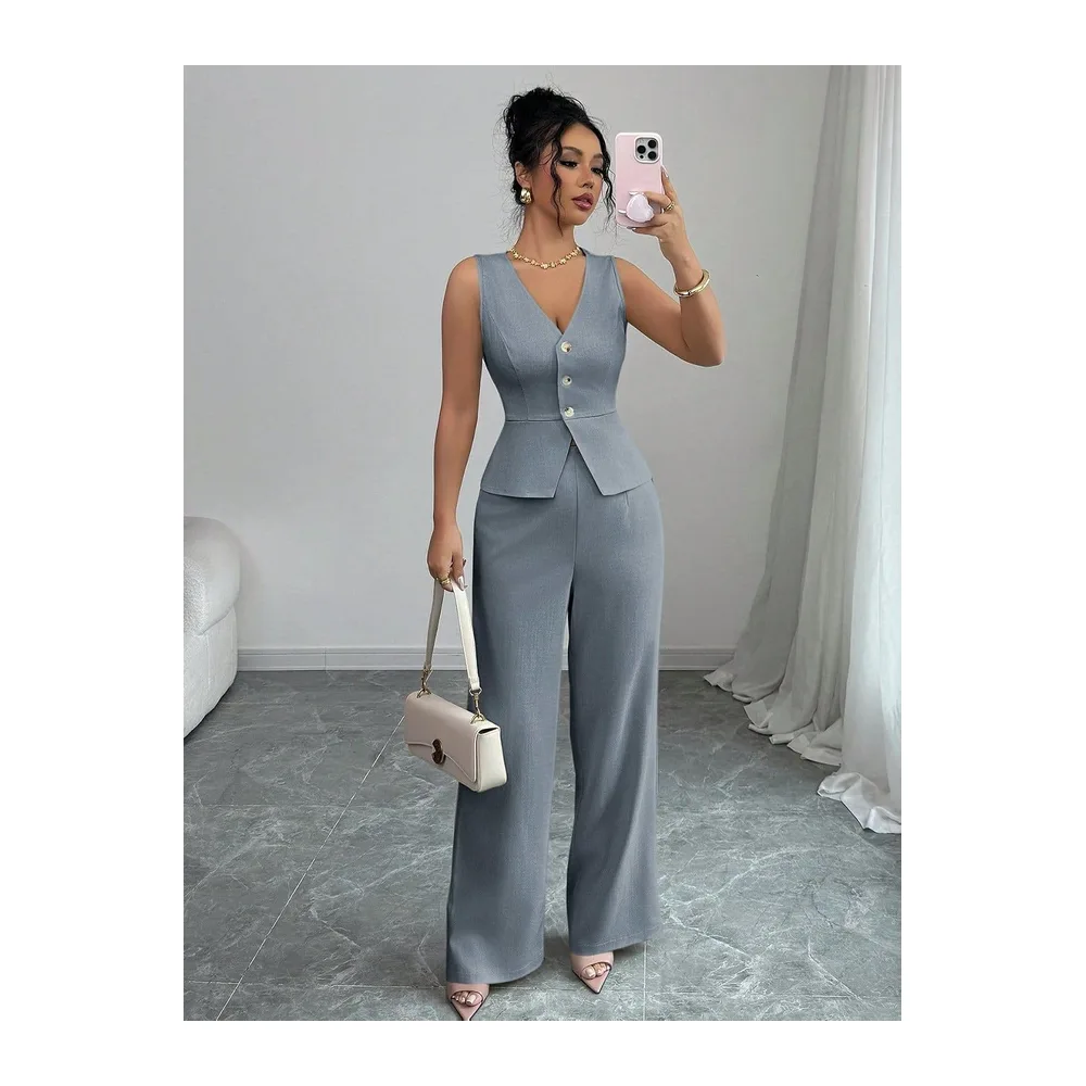 Ensemble Ete Ensemble Deux Pièces: Blazer À Col V Boutonné Sans — Bleu Poussiéreux
