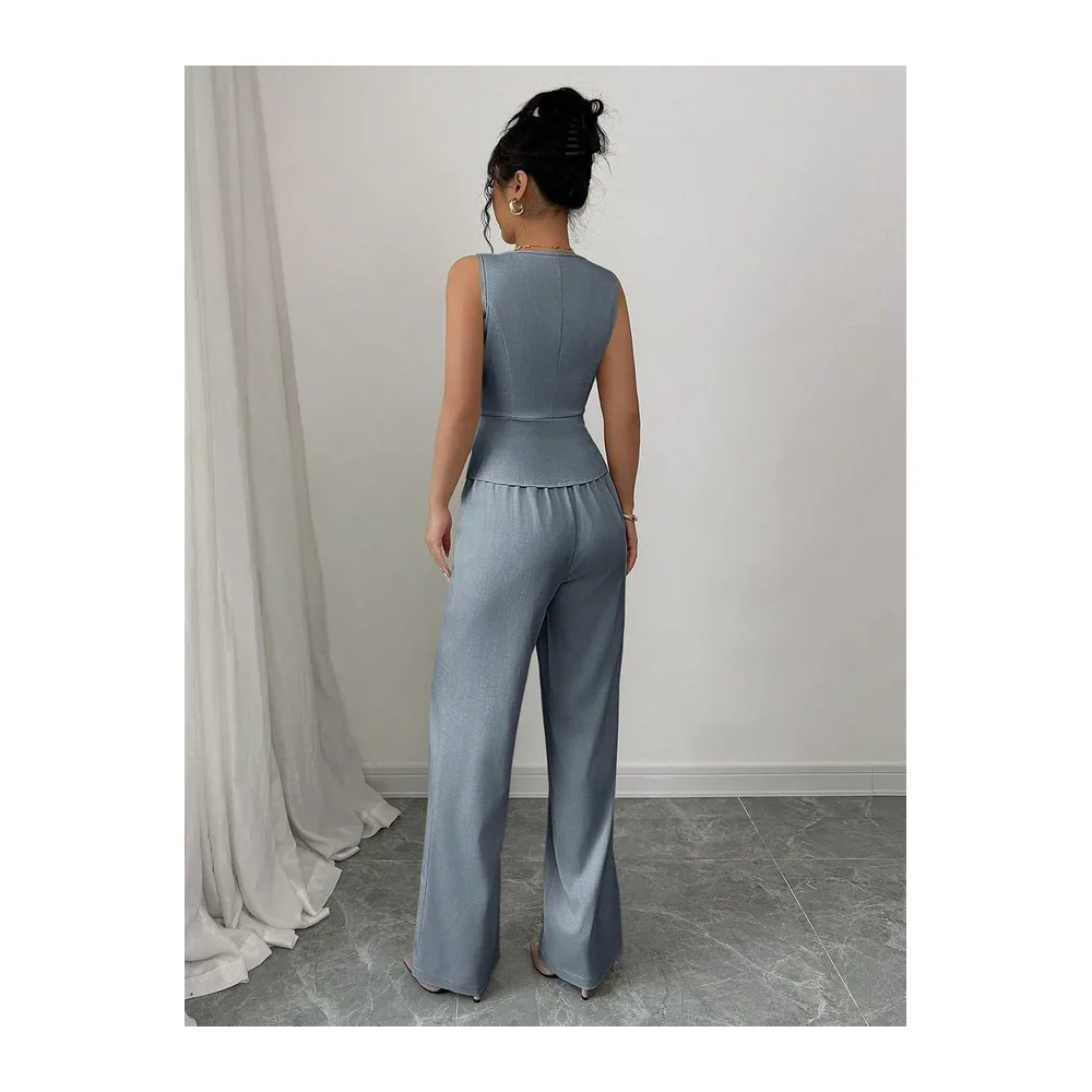Ensemble Ete Ensemble Deux Pièces: Blazer À Col V Boutonné Sans — Bleu Poussiéreux