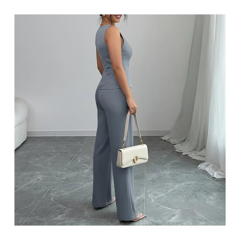 Ensemble Ete Ensemble Deux Pièces: Blazer À Col V Boutonné Sans — Bleu Poussiéreux