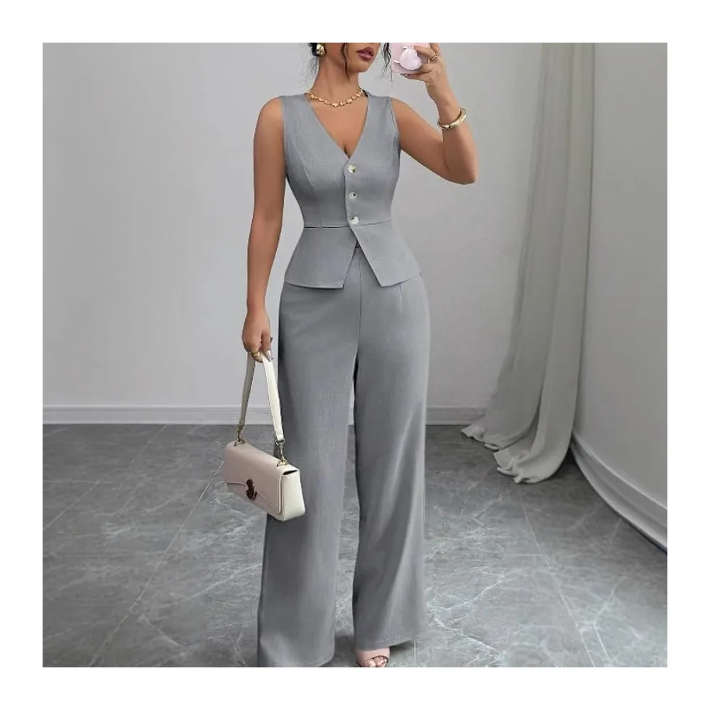 Ensemble Ete Ensemble Deux Pièces: Blazer À Col V Boutonné Sans Manches Et — Gris