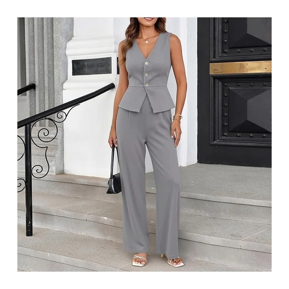 Ensemble Ete Ensemble Deux Pièces: Blazer À Col V Boutonné Sans Manches Et — Gris