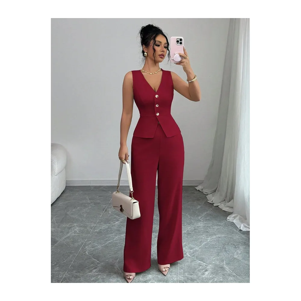 Ensemble Ete Ensemble Deux Pièces: Blazer À Col V Boutonné Sans Manches Et — Rouge