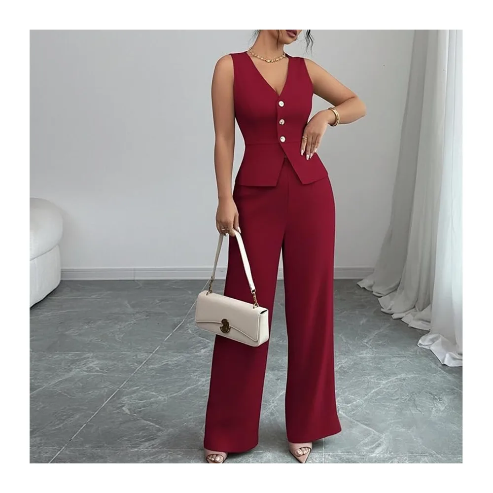 Ensemble Ete Ensemble Deux Pièces: Blazer À Col V Boutonné Sans Manches Et — Rouge