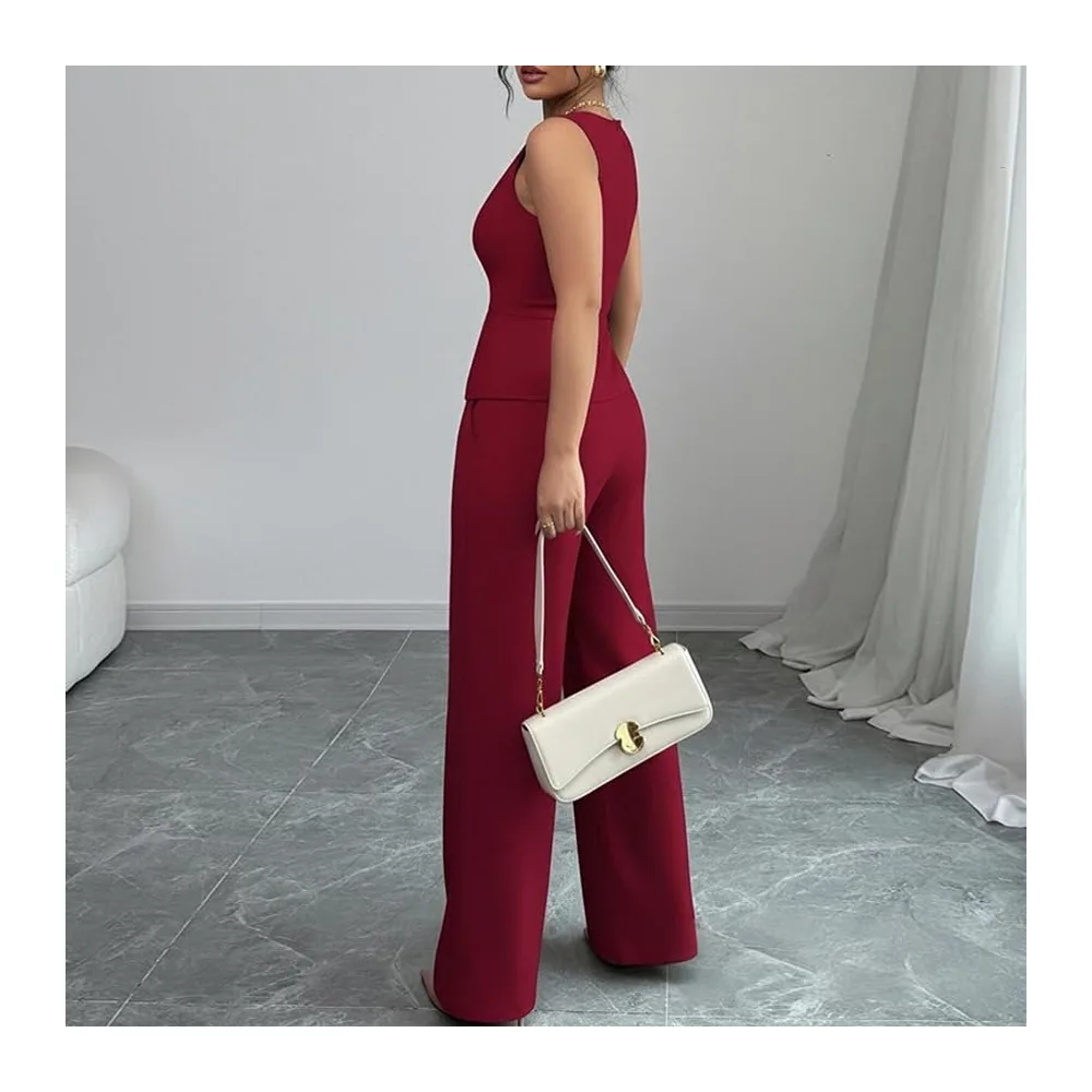 Ensemble Ete Ensemble Deux Pièces: Blazer À Col V Boutonné Sans Manches Et — Rouge