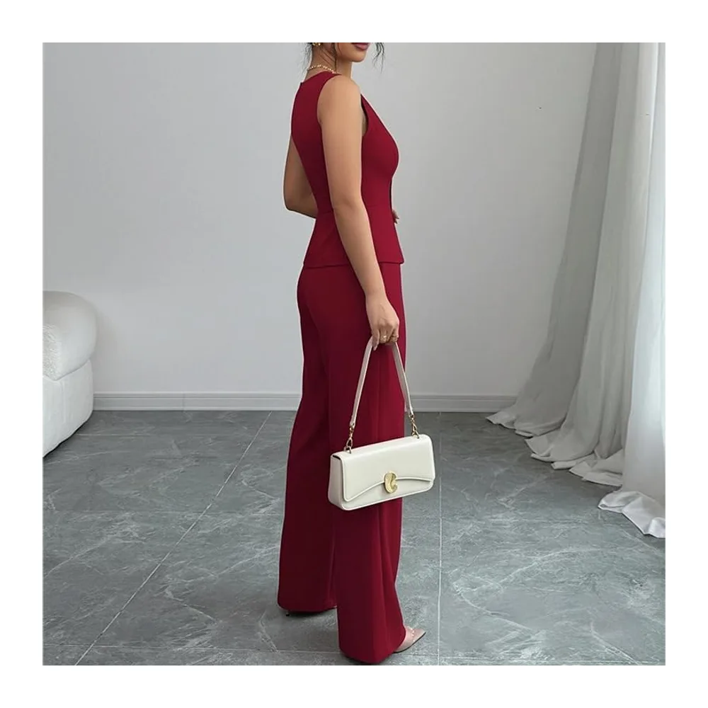 Ensemble Ete Ensemble Deux Pièces: Blazer À Col V Boutonné Sans Manches Et — Rouge
