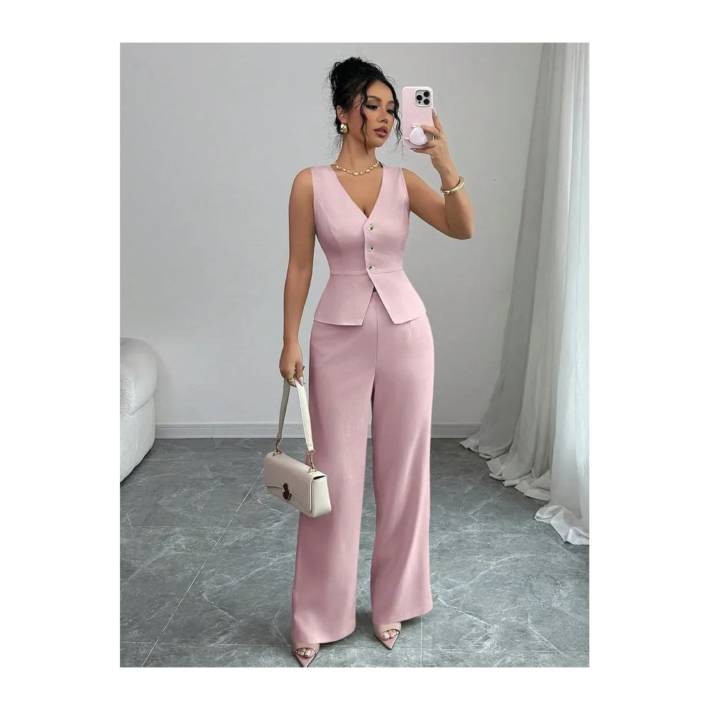 Ensemble Ete Ensemble Deux Pièces: Blazer À Col V Boutonné Sans Manches Et — Rose