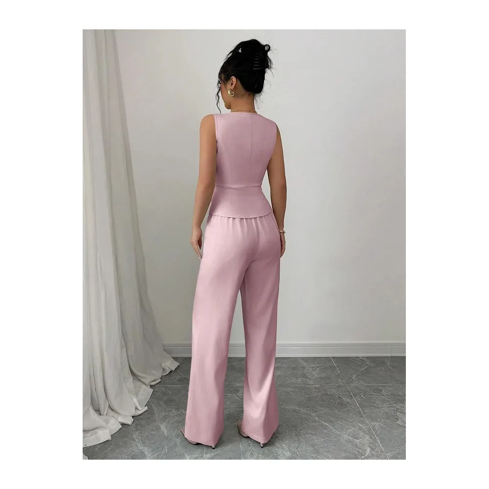 Ensemble Ete Ensemble Deux Pièces: Blazer À Col V Boutonné Sans Manches Et — Rose