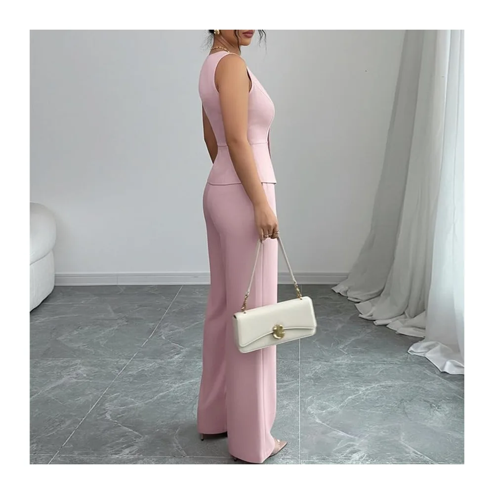 Ensemble Ete Ensemble Deux Pièces: Blazer À Col V Boutonné Sans Manches Et — Rose