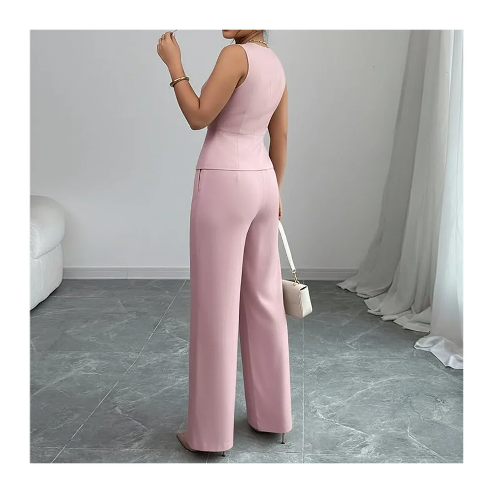 Ensemble Ete Ensemble Deux Pièces: Blazer À Col V Boutonné Sans Manches Et — Rose
