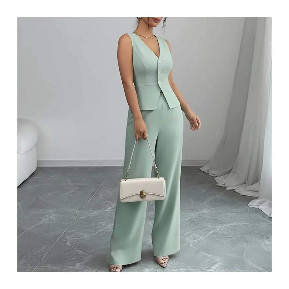 Ensemble Ete Ensemble Deux Pièces: Blazer À Col V Boutonné Sans Manches Et — Vert Sauge