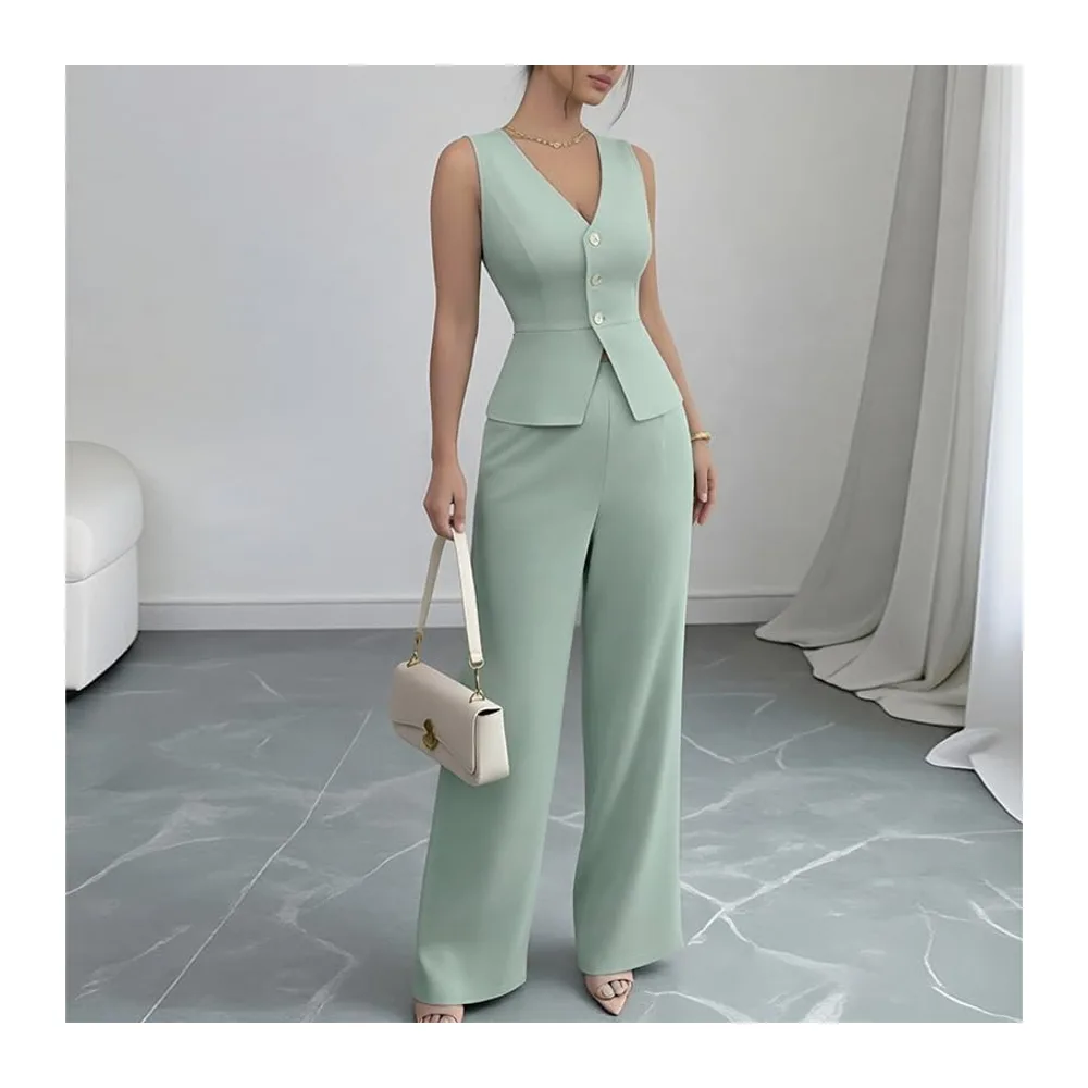 Ensemble Ete Ensemble Deux Pièces: Blazer À Col V Boutonné Sans Manches Et — Vert Sauge