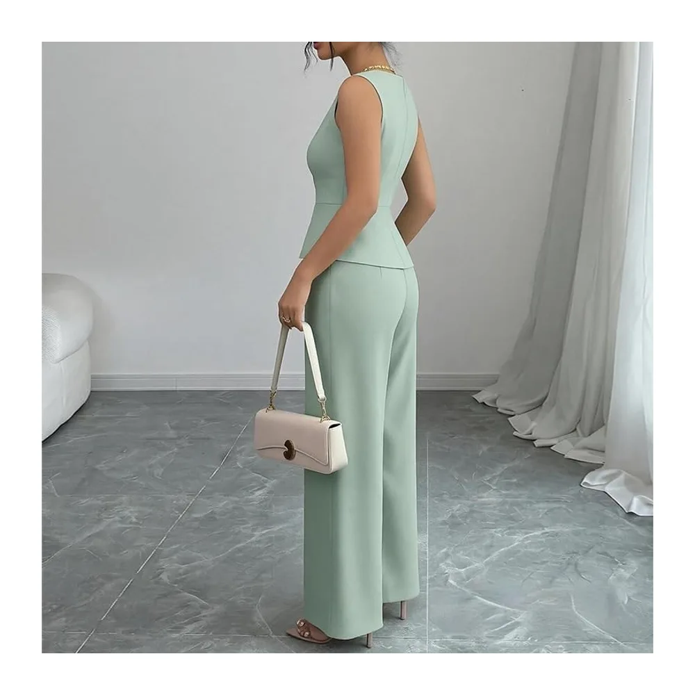 Ensemble Ete Ensemble Deux Pièces: Blazer À Col V Boutonné Sans Manches Et — Vert Sauge