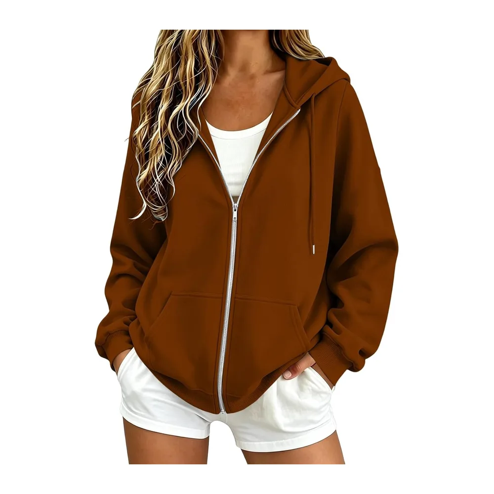 Sweatshirts Chic et Élégant Automne Hiver Zippé avec Poches Manteau Manches — Marron