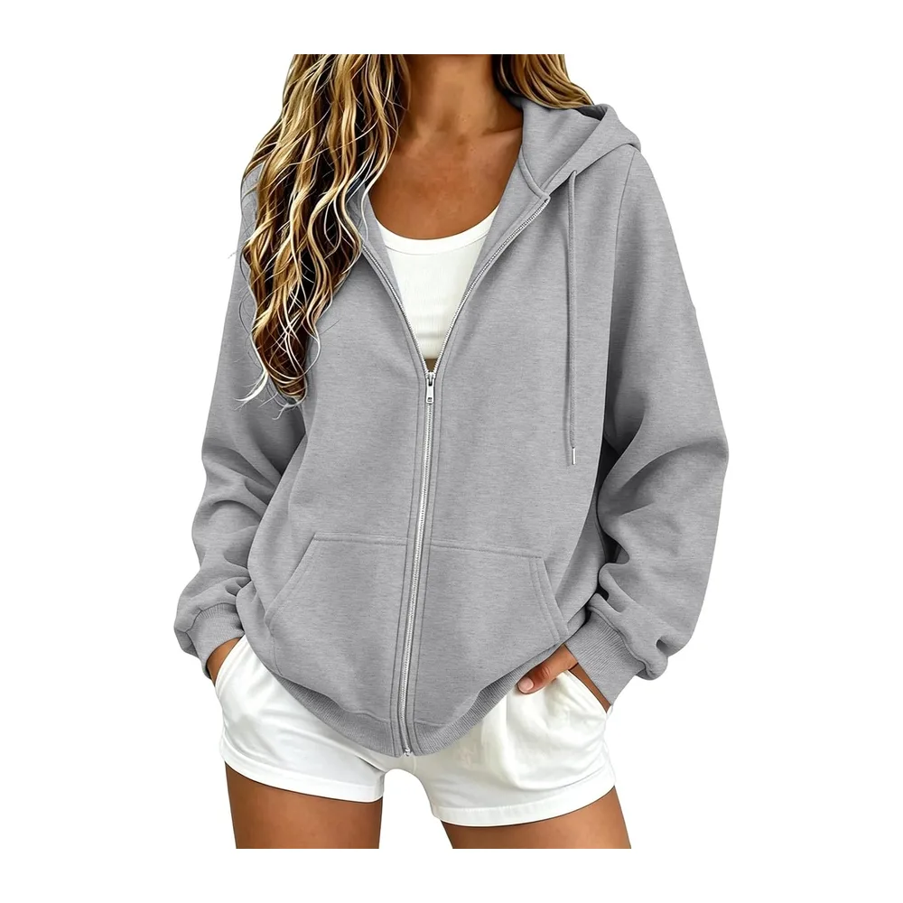 Sweatshirts Chic et Élégant Automne Hiver Zippé avec Poches Manteau — Cendré Clair