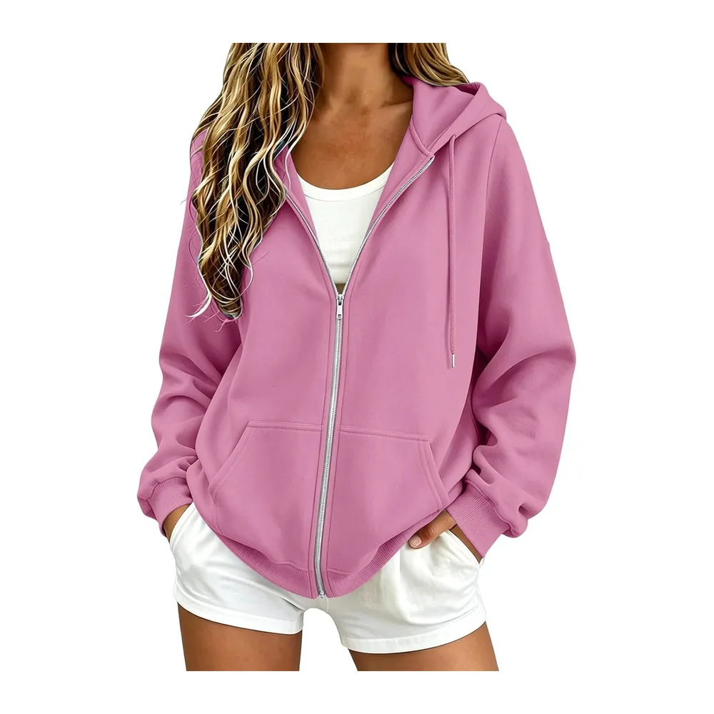 Sweatshirts Chic et Élégant Automne Hiver Zippé avec Poches Manteau Manches Longues — Rose