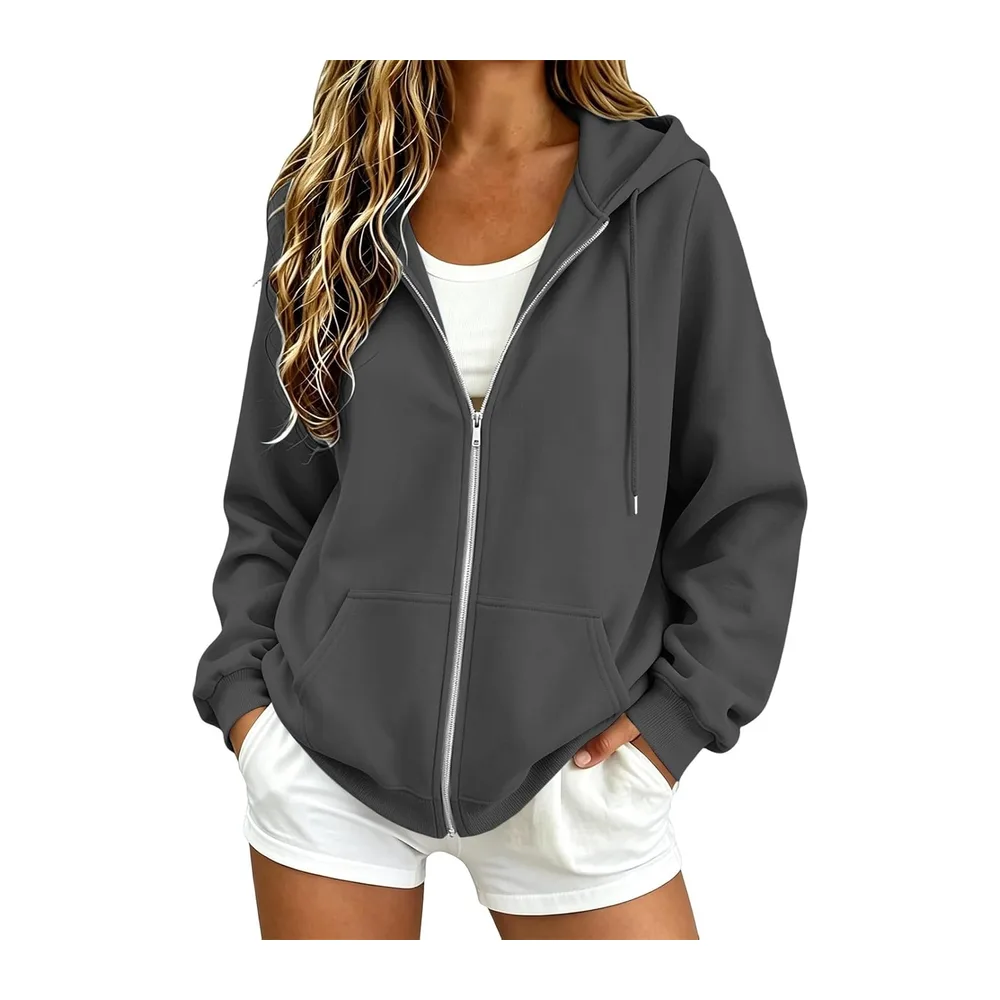 Sweatshirts Chic et Élégant Automne Hiver Zippé avec Poches Manteau Manches — Gris Foncé