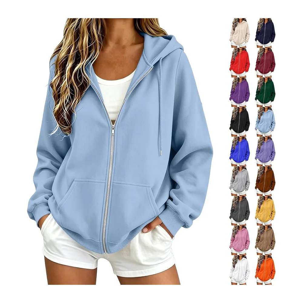 Sweatshirts Chic et Élégant Automne Hiver Zippé avec Poches Manteau Manches — Bleu Clair