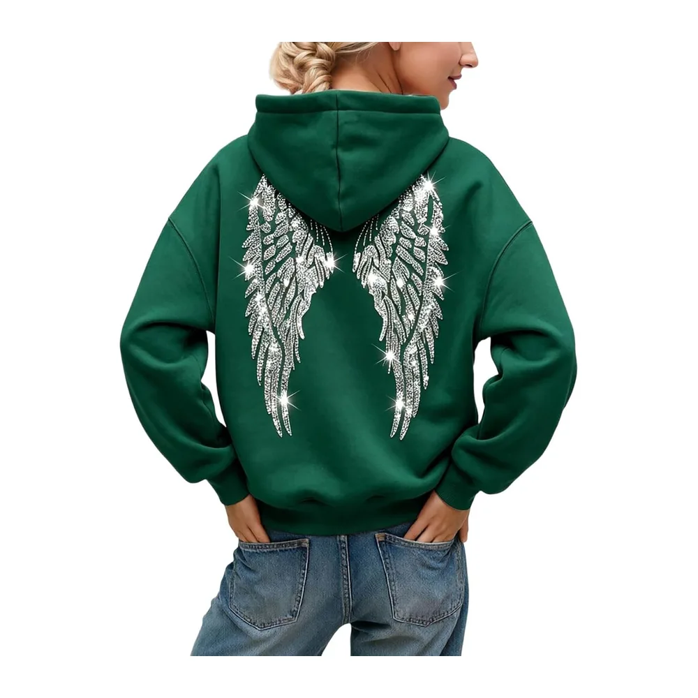 Glitter Hoodie with Angel Wings, Oversize Fall/Winter Fashion, Comfortable — A-dark Vert
