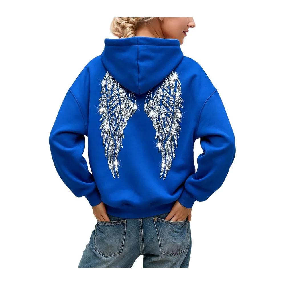 Glitter Hoodie with Angel Wings, Oversize Fall/Winter Fashion, Comfortable — A-bleu Foncé
