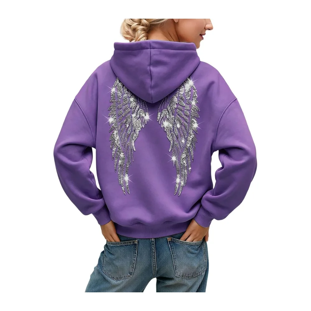 Glitter Hoodie with Angel Wings, Oversize Fall/Winter Fashion, Comfortable and — A-violet