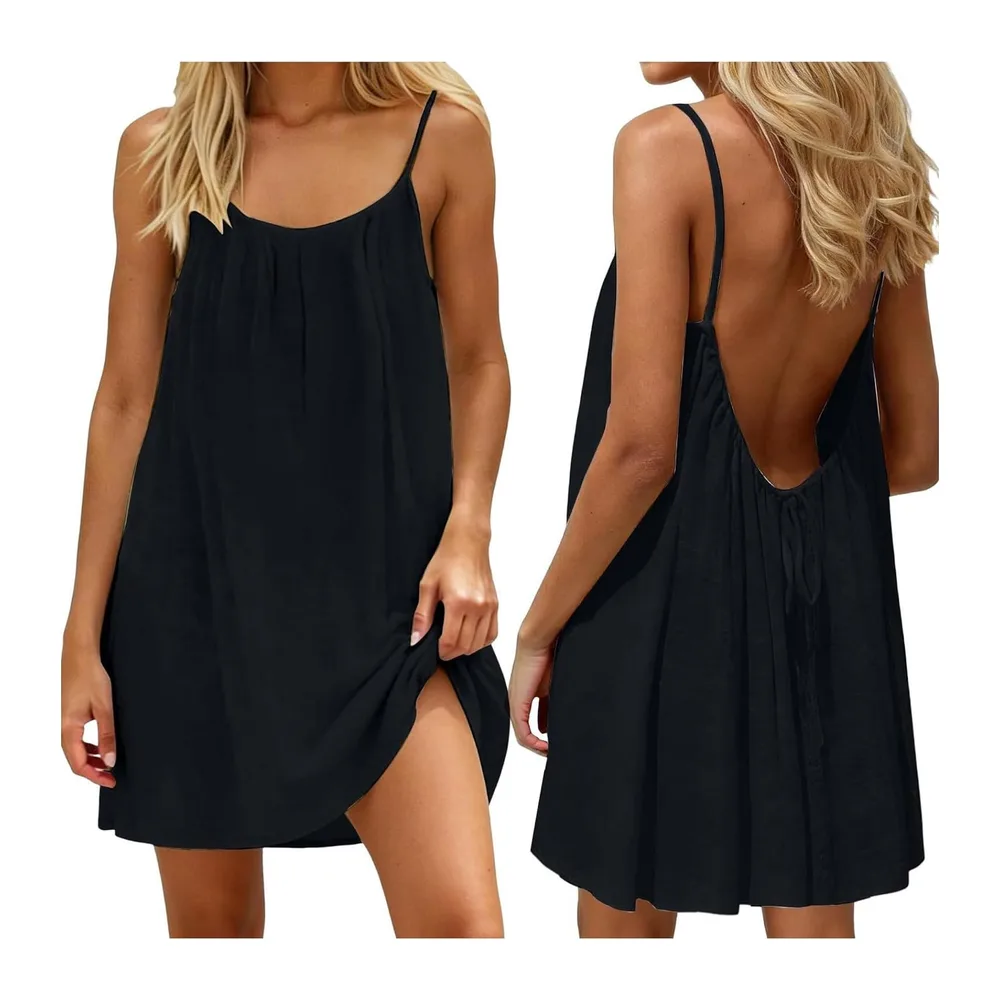 Dress Backless Sleeveless Dresses Short Casual Solid Color Spaghetti Strap — A05# Noir