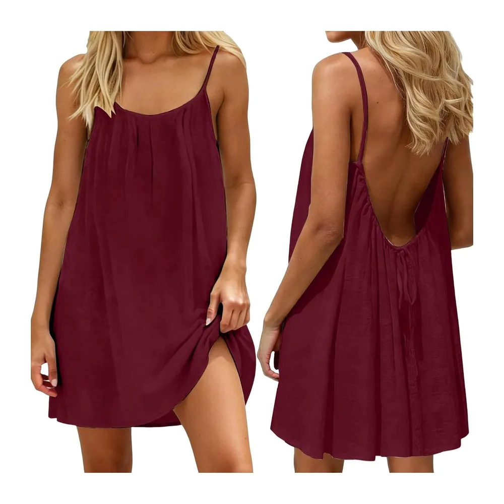Dress Backless Sleeveless Dresses Short Casual Solid Color Spaghetti — F30# Bordeaux
