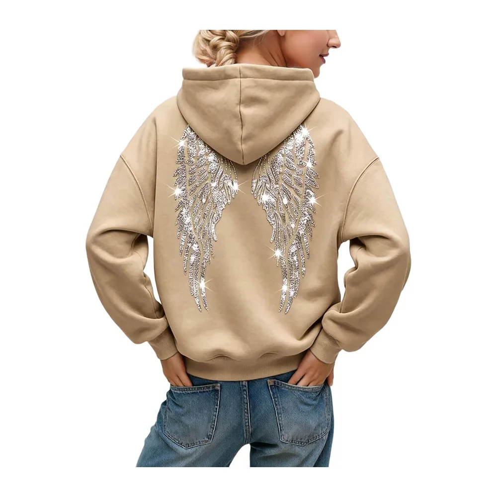 Glitter Hoodie with Angel Wings, Oversize Fall/Winter Fashion, Comfortable and — A-beige