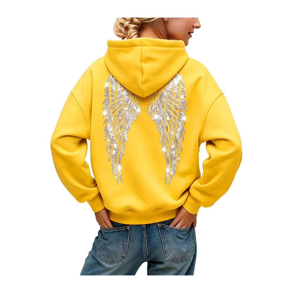 Glitter Hoodie with Angel Wings, Oversize Fall/Winter Fashion, Comfortable and — A-jaune