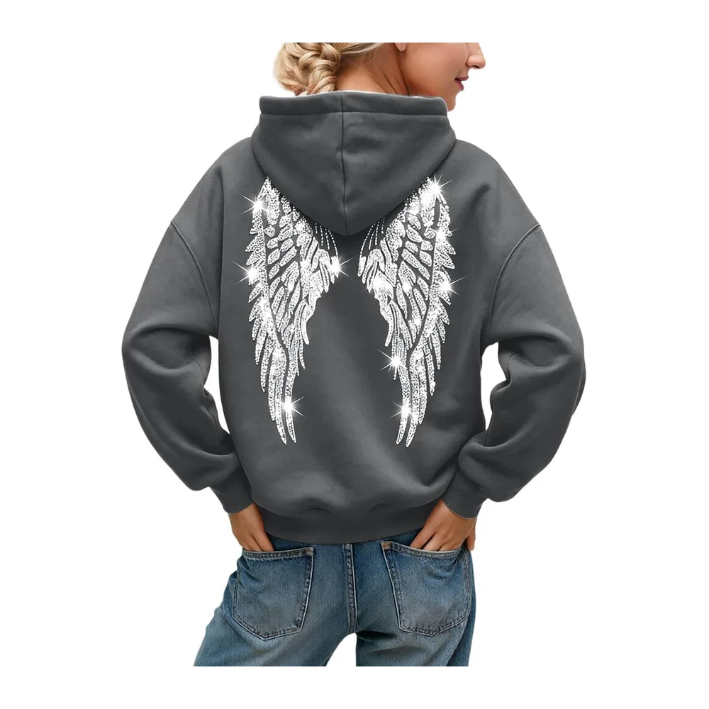 Glitter Hoodie with Angel Wings, Oversize Fall/Winter Fashion, Comfortable and — A-grey