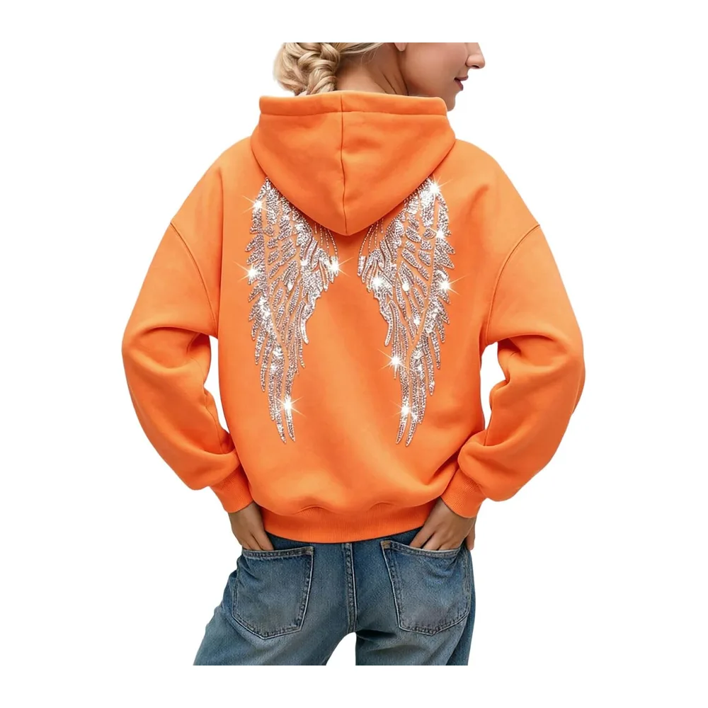 Glitter Hoodie with Angel Wings, Oversize Fall/Winter Fashion, Comfortable and — A-orange