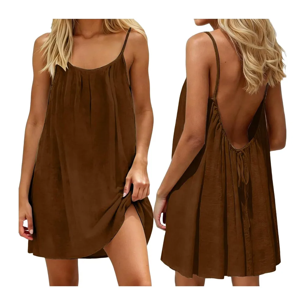 Dress Backless Sleeveless Dresses Short Casual Solid Color Spaghetti Strap — D20# Café