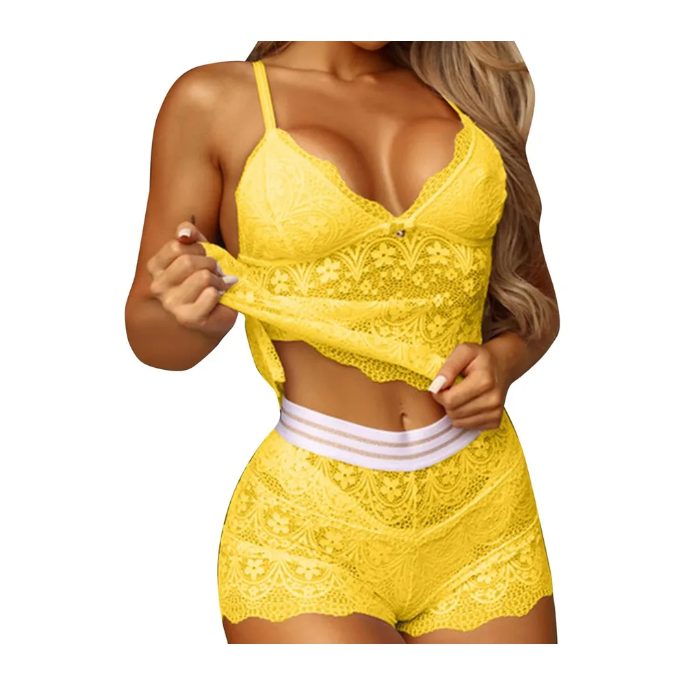 Ensemble Lingerie Sexy Dentelle Satin Nuisette Transparente Grande Taille — Jaune