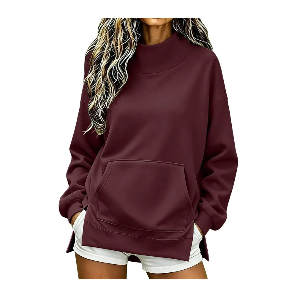 Chic and elegant hoodie, stand-up collar, long sleeves, side split — A-rouge Brique