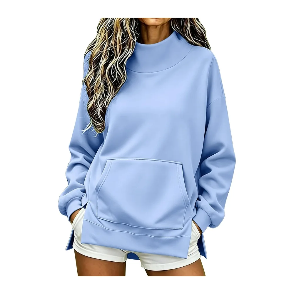 Chic and elegant hoodie, stand-up collar, long sleeves, side split — B-bleu Ciel