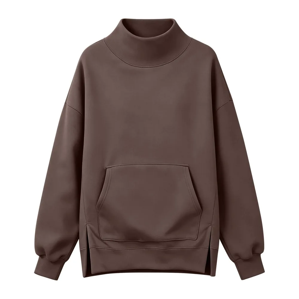 Chic and elegant hoodie, stand-up collar, long sleeves, side split, oversized — B-café