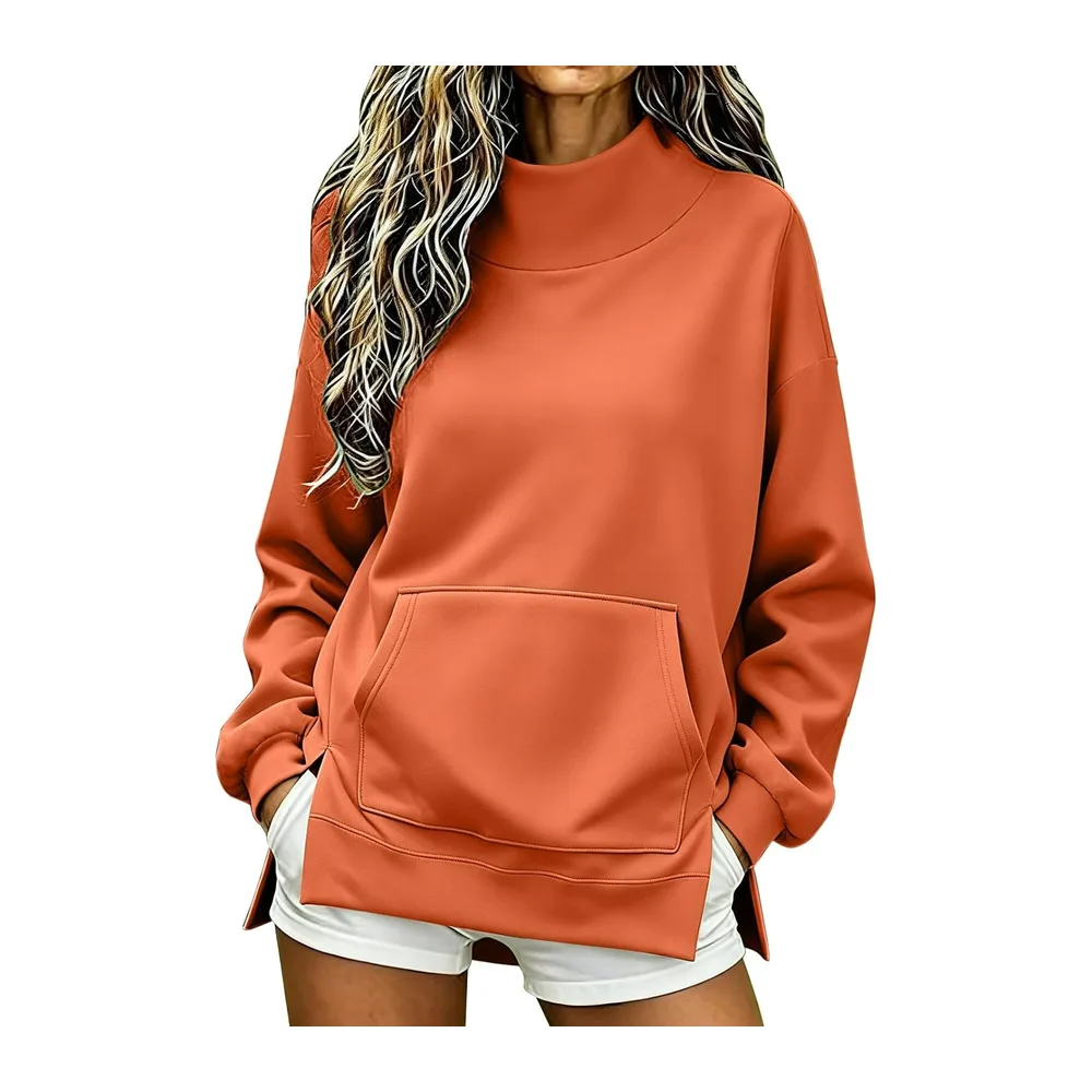 Chic and elegant hoodie, stand-up collar, long sleeves, side split, oversized — A-orange