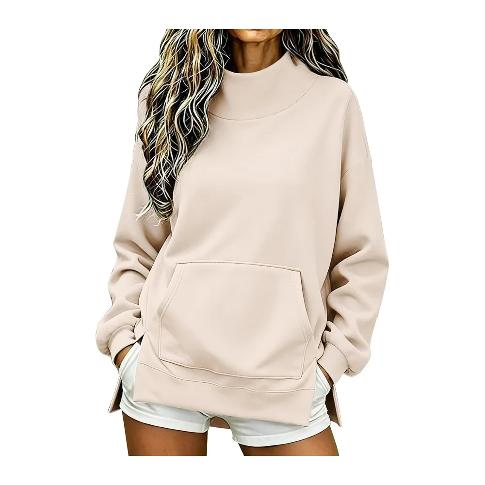 Chic and elegant hoodie, stand-up collar, long sleeves, side split, oversized — A-beige