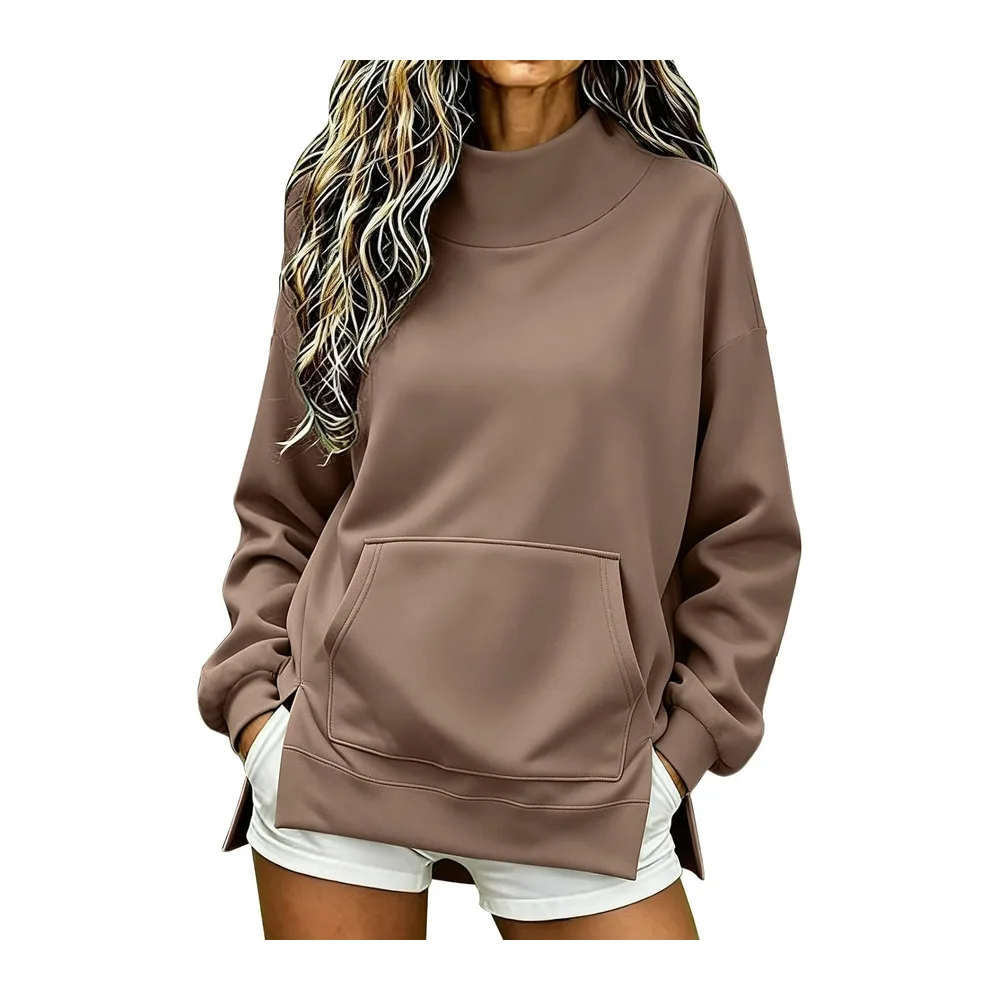 Chic and elegant hoodie, stand-up collar, long sleeves, side split, oversized — A-kaki