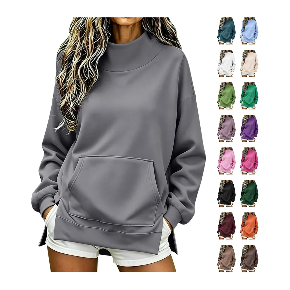 Chic and elegant hoodie, stand-up collar, long sleeves, side split, oversized — A-gris