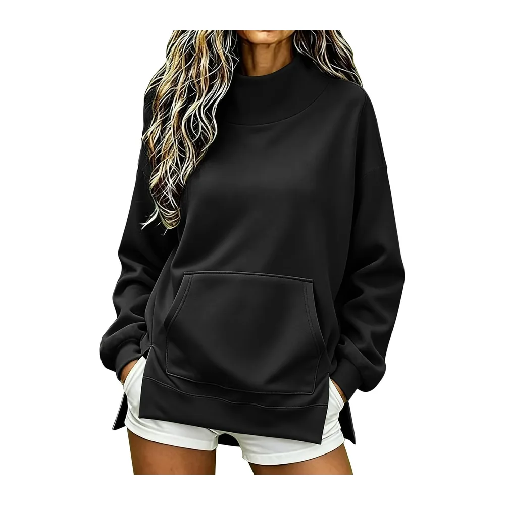 Chic and elegant hoodie, stand-up collar, long sleeves, side split, oversized — A-noir