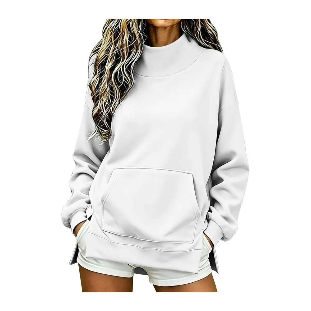 Chic and elegant hoodie, stand-up collar, long sleeves, side split, oversized — A-blanc