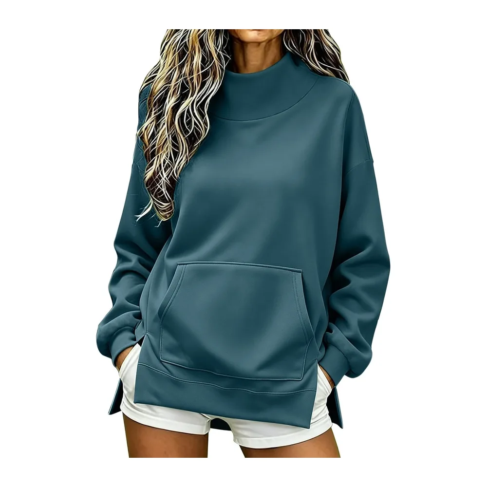 Chic and elegant hoodie, stand-up collar, long sleeves, side split — B-bleu Marine