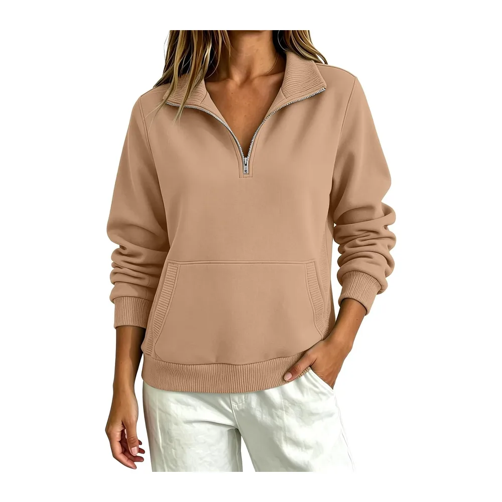 With Zip, Turtleneck, Elegant, Casual — Kaki Foncé